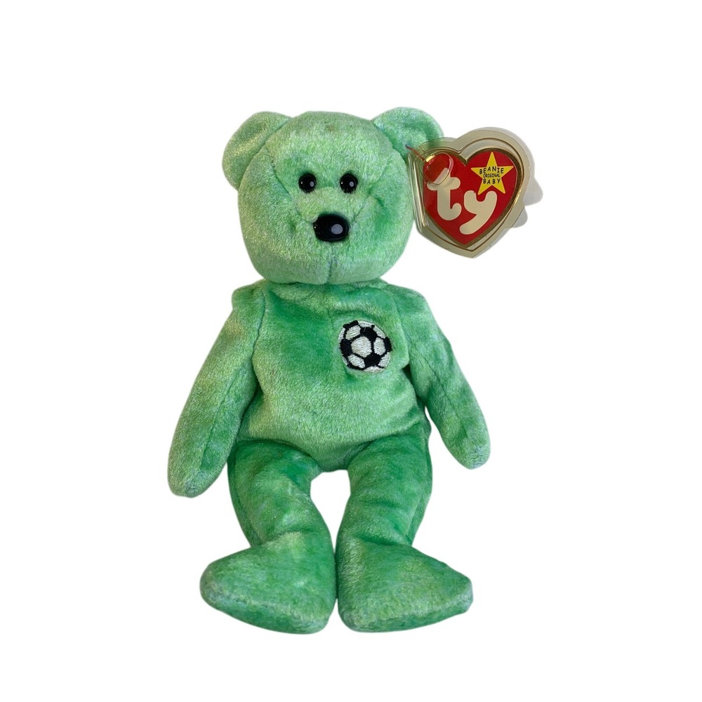 Ty Beanie Baby Kicks the Soccer Bear Green Plush 1998 Birth Date‎ 1999 Tush Tag
